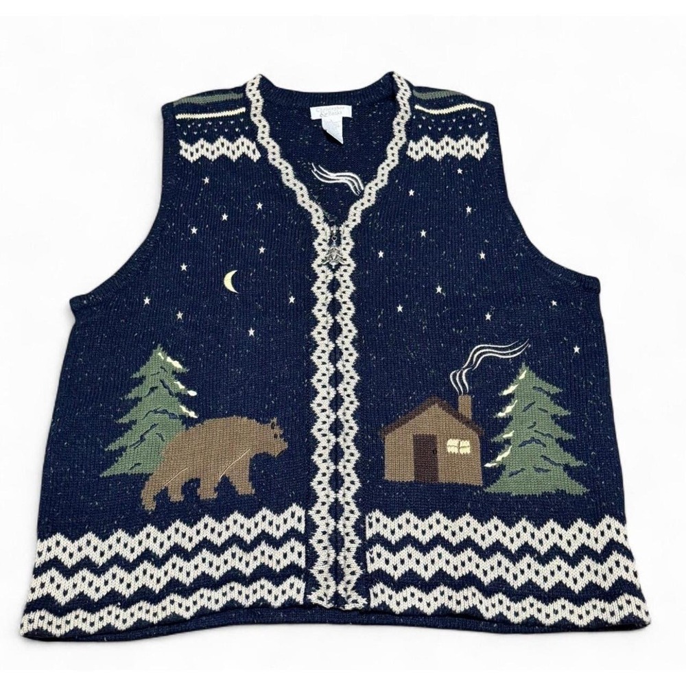 Christopher & Banks Cabin Bear Sweater Vest Womens L Wool Blend Cottagecore